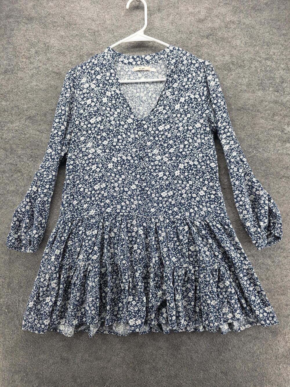 Mi Ami Dress Womens S Blue Trapeze & Swing Short V-Neck Rayon Ruffle Lightweight